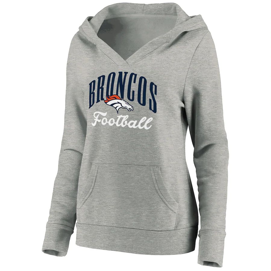 Women Denver Broncos Fanatics Branded Heathered Gray Victory Script V-Neck Pullover Hoodie->women nfl jersey->Women Jersey